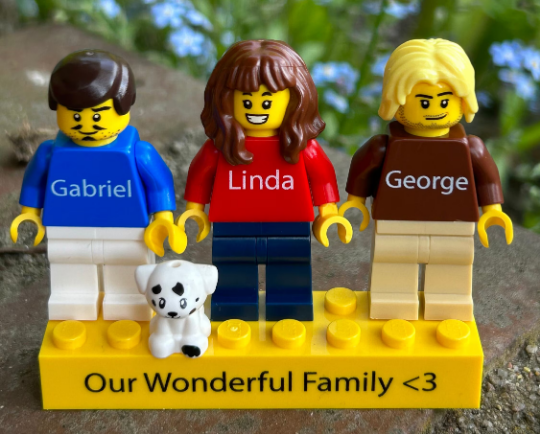 Three Personalised Mini Figures on a Personalised Stone with an Animal - with Original LEGO® Parts - Family Gift
