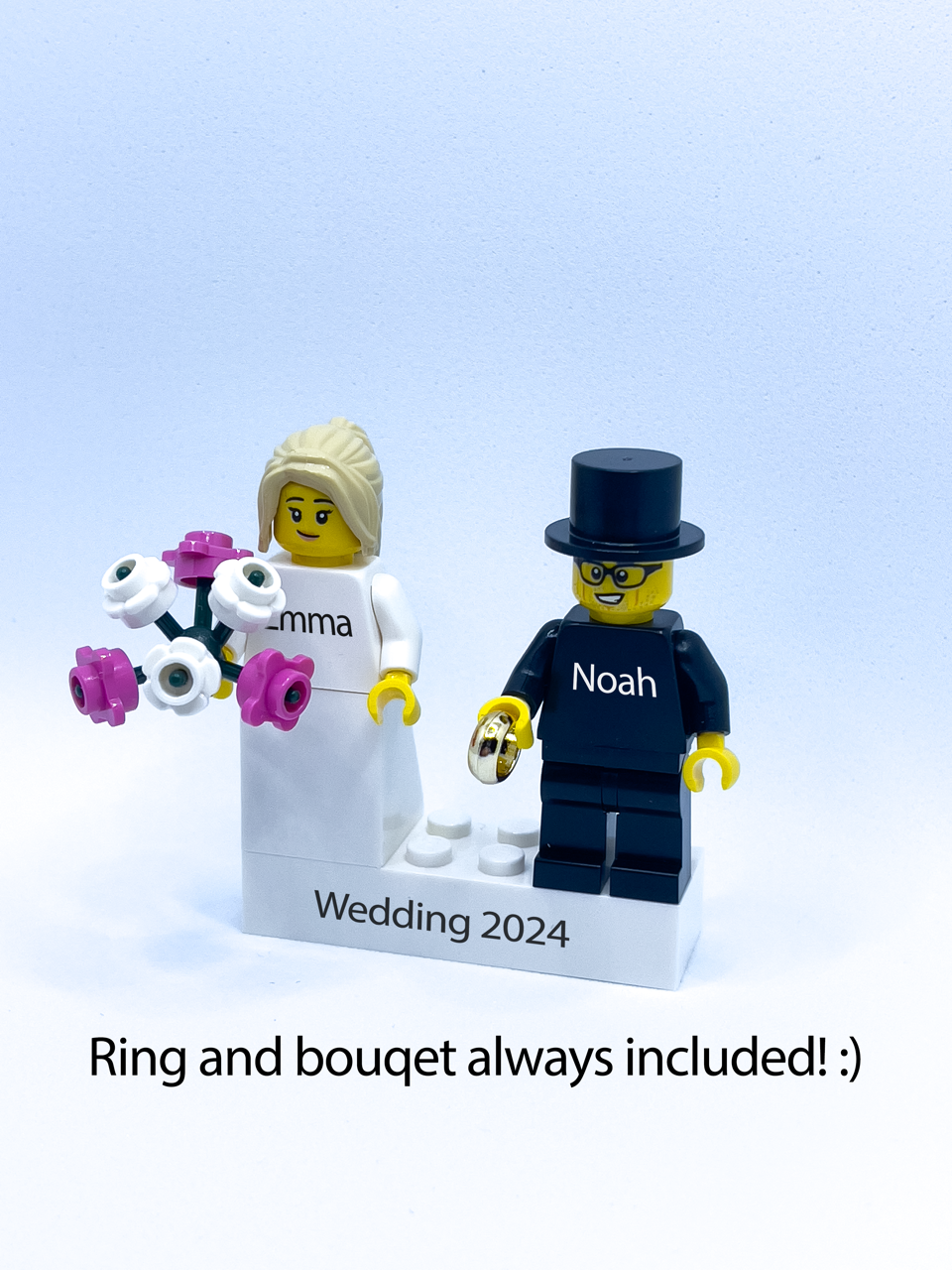 Two personalised LEGO® wedding minifigures on an individual brick
