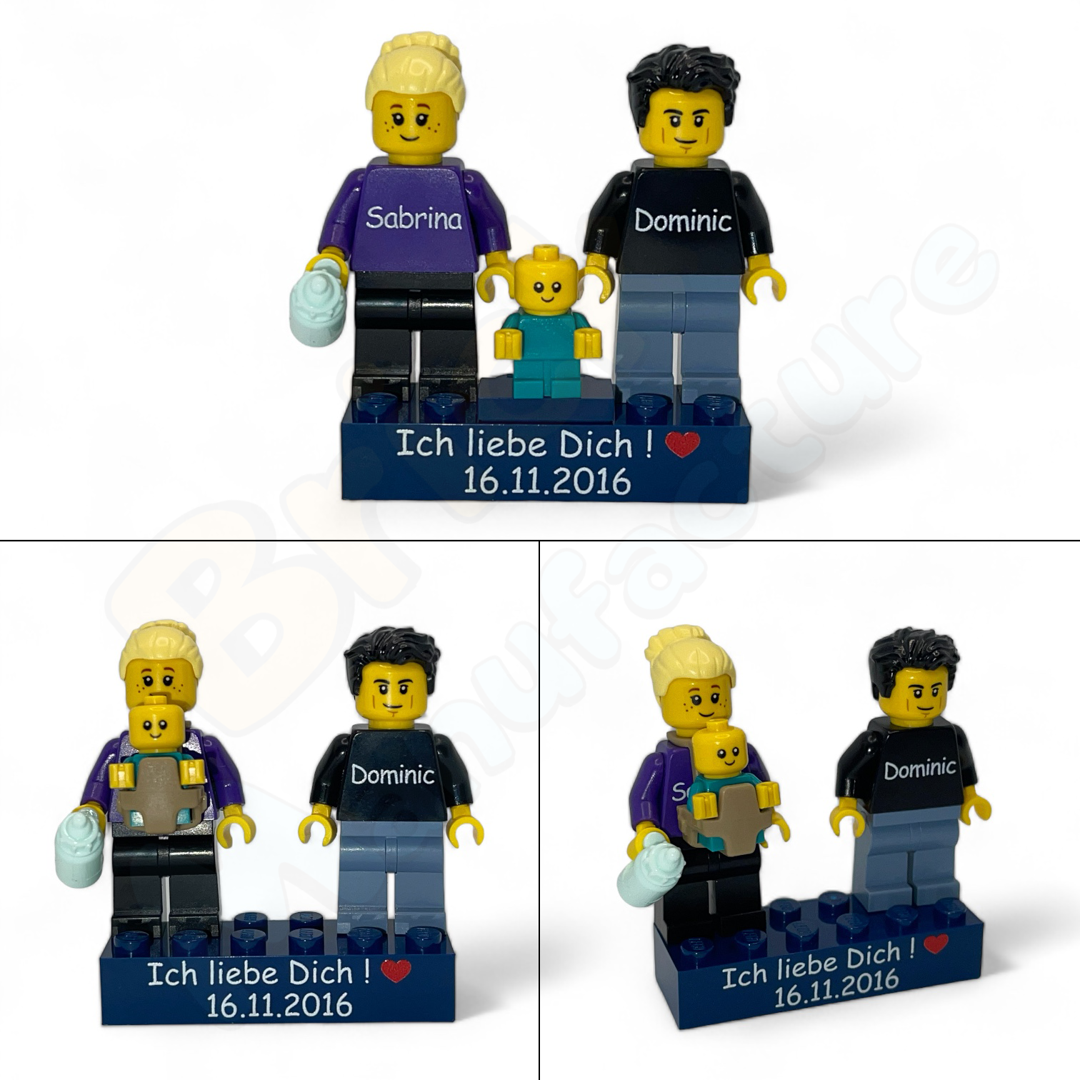 Zwei Personalisierte LEGO Minifiguren mit einem Baby auf einem person Brick Manufacture