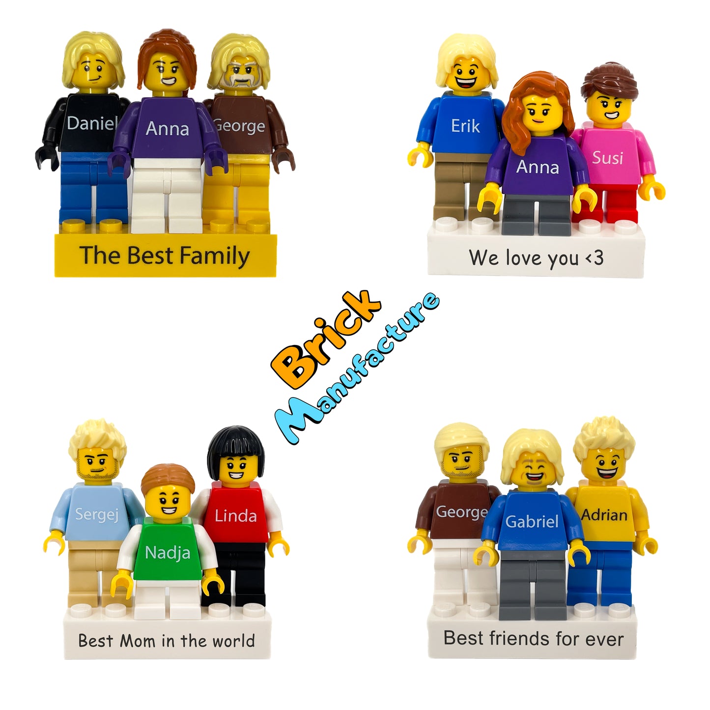 Drei Personalisierte LEGO® Minifiguren auf einem individuellen Stein