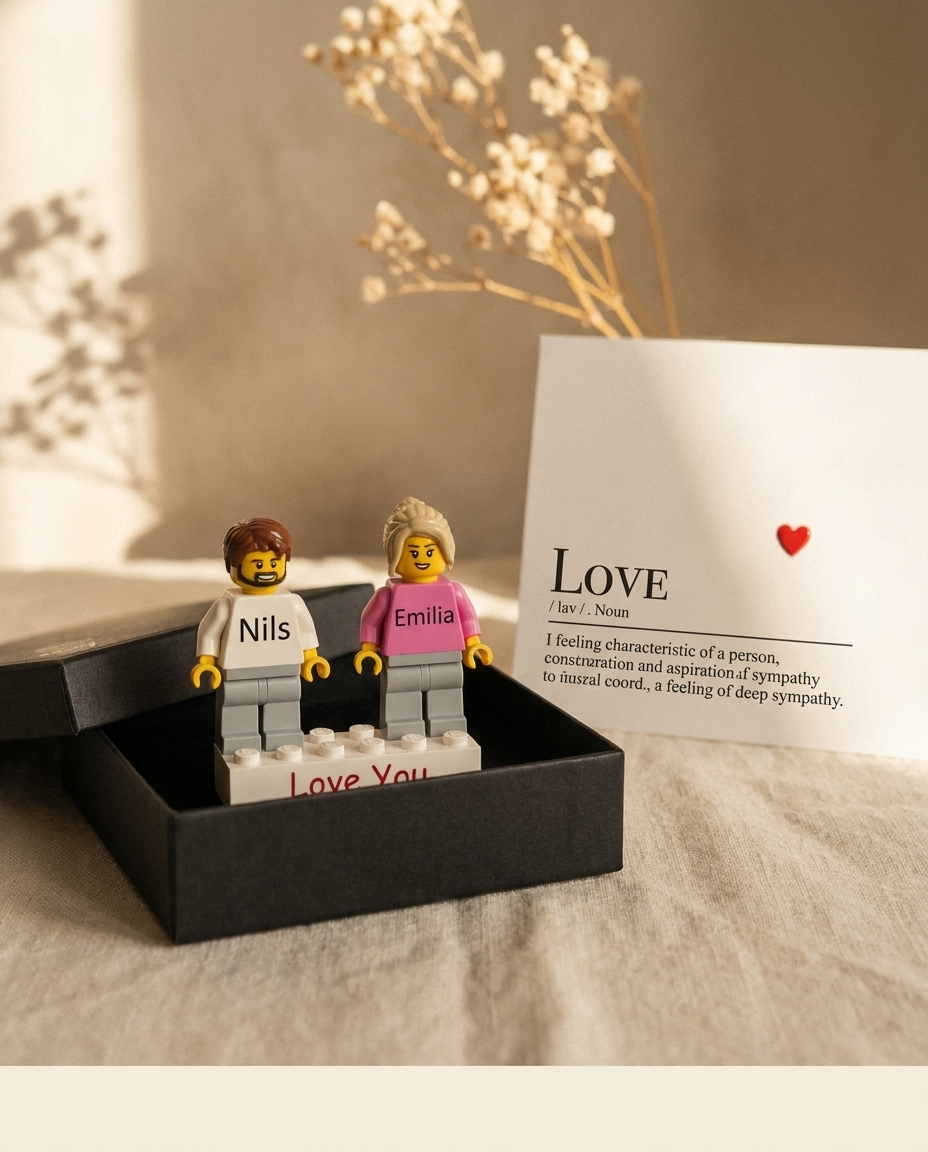Geschenk-Bundle — personalisierte Minifiguren in Geschenkbox mit LOVE-Grußkarte, Moments-Look