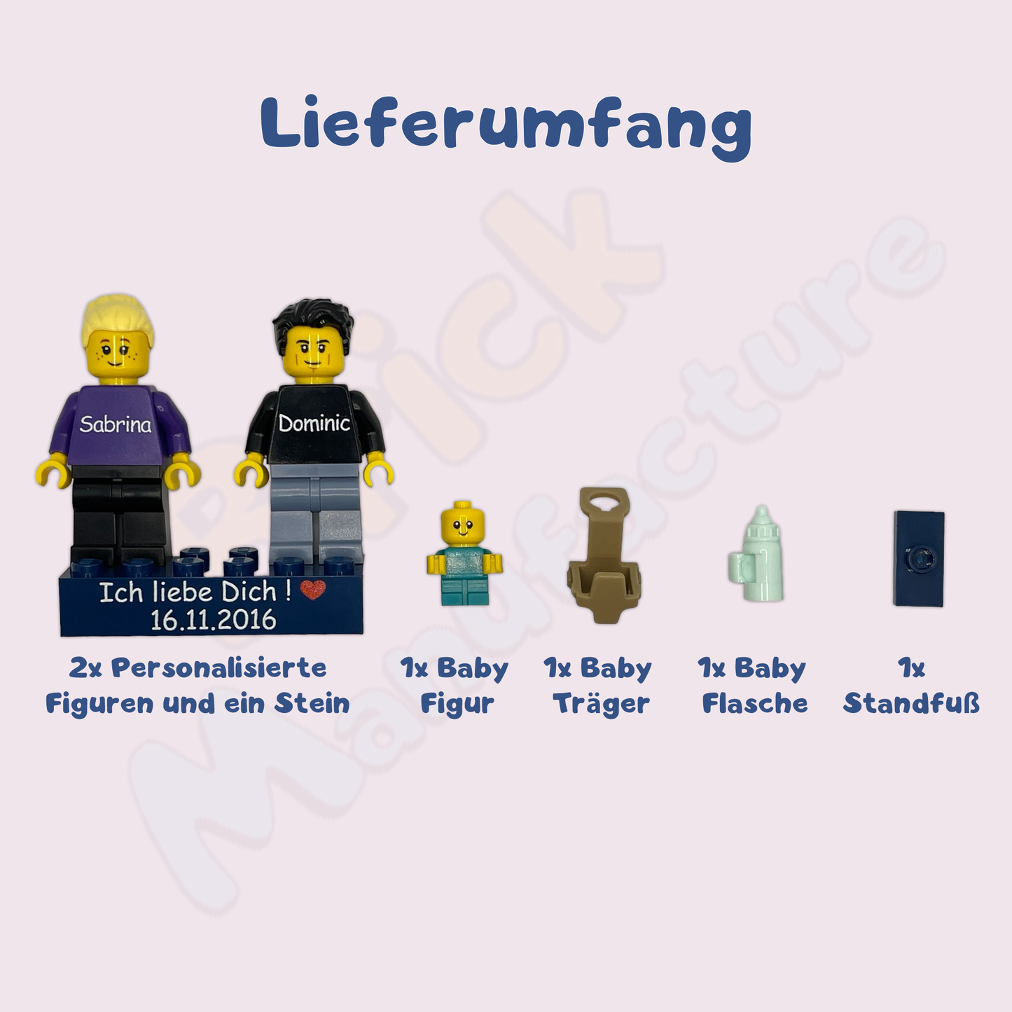 Zwei Personalisierte LEGO® Minifiguren mit einem Baby auf einem personalisierten Stein