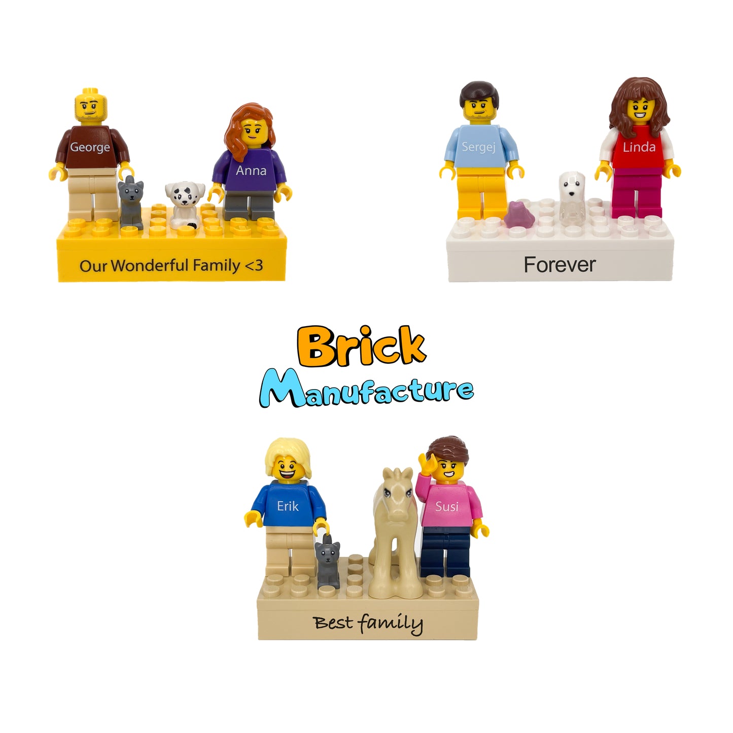 Zwei Personalisierte Mini-Figuren auf einem Personalisierten Stein mit Tieren - mit originalen LEGO® Teilen - Ideales Geschenk für Ihn / Sie