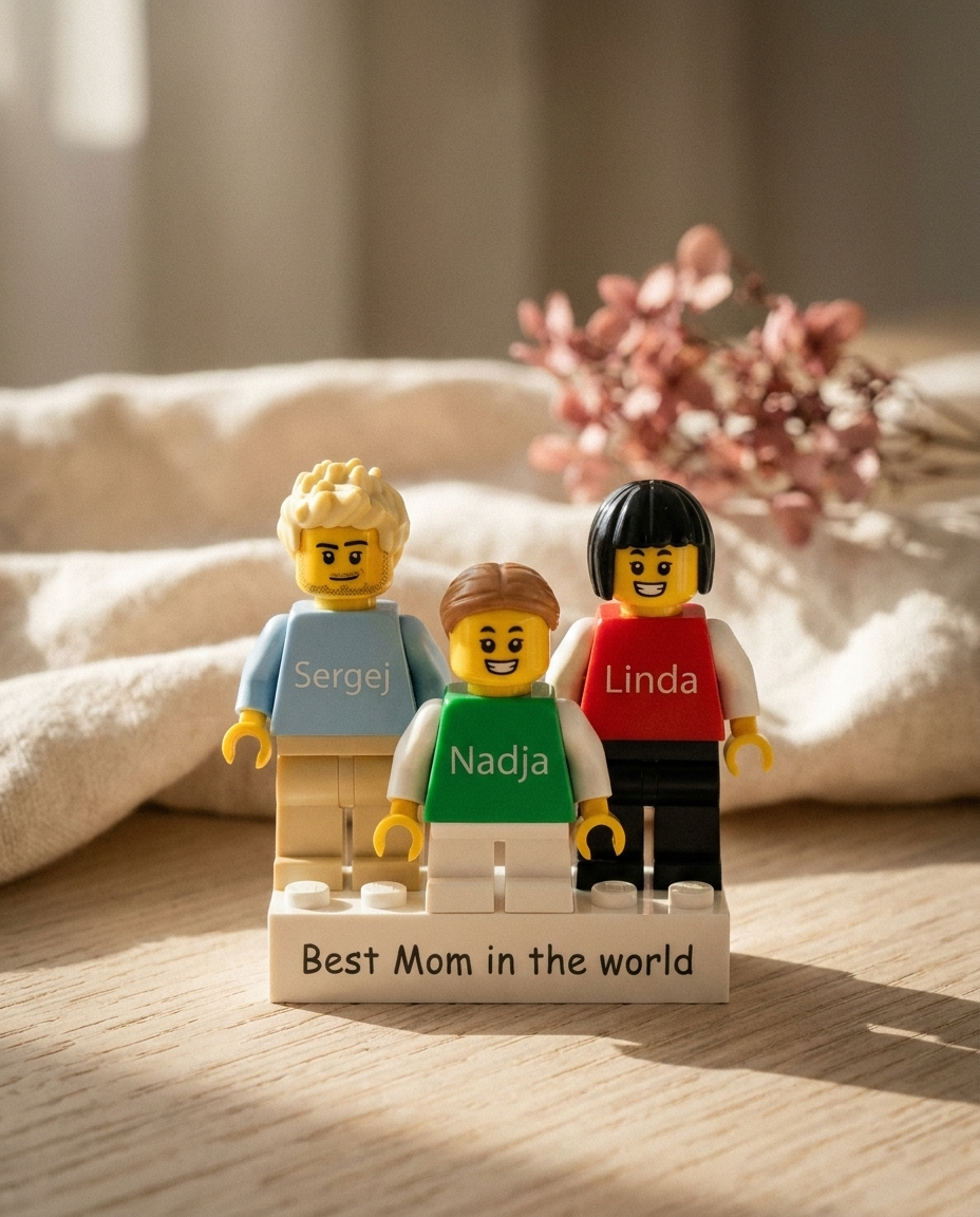 Drei personalisierte Minifiguren auf einem individuellen Stein — Moments-Look