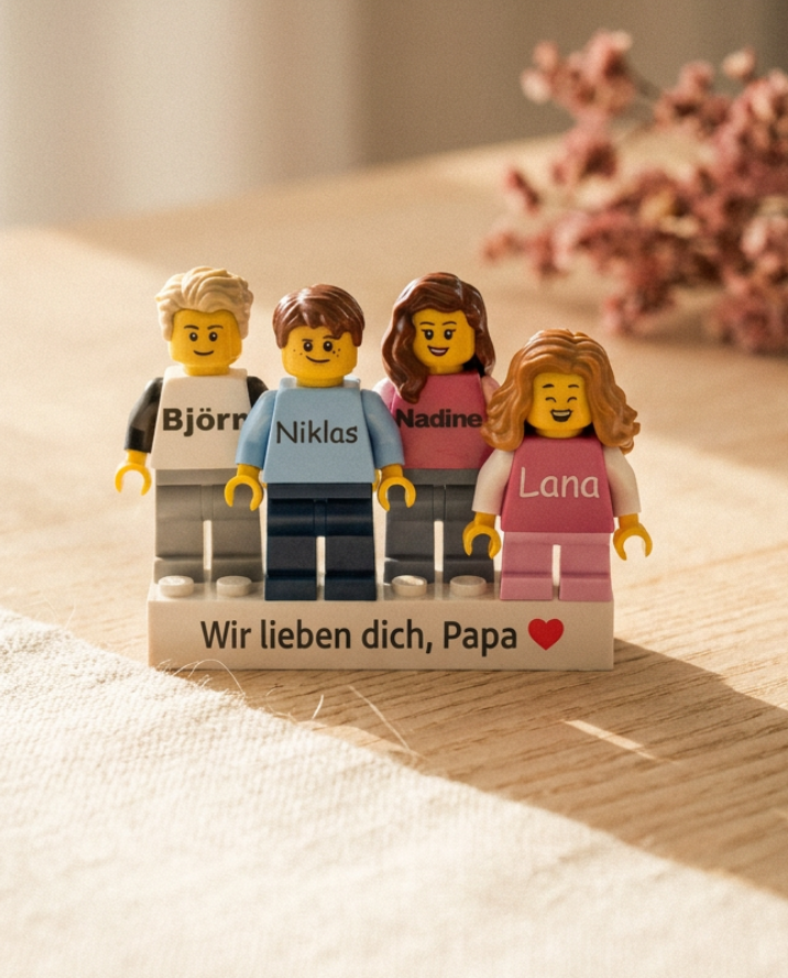 Vier personalisierte Minifiguren auf einem individuellen Stein — Moments-Look